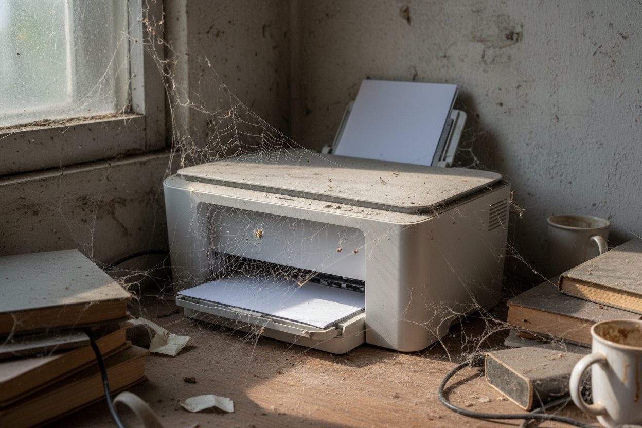 A home printer sitting unused and gathering dust