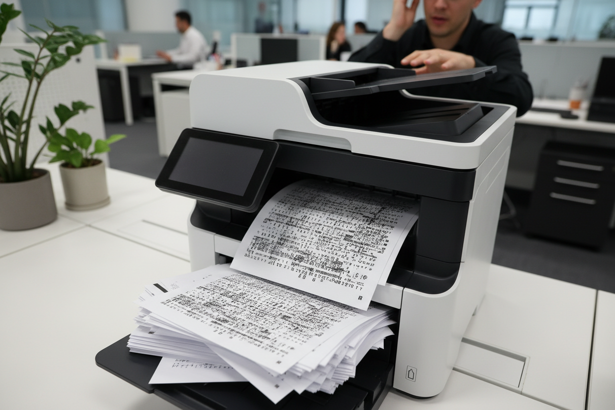 A printer producing garbled output instead of a clean document