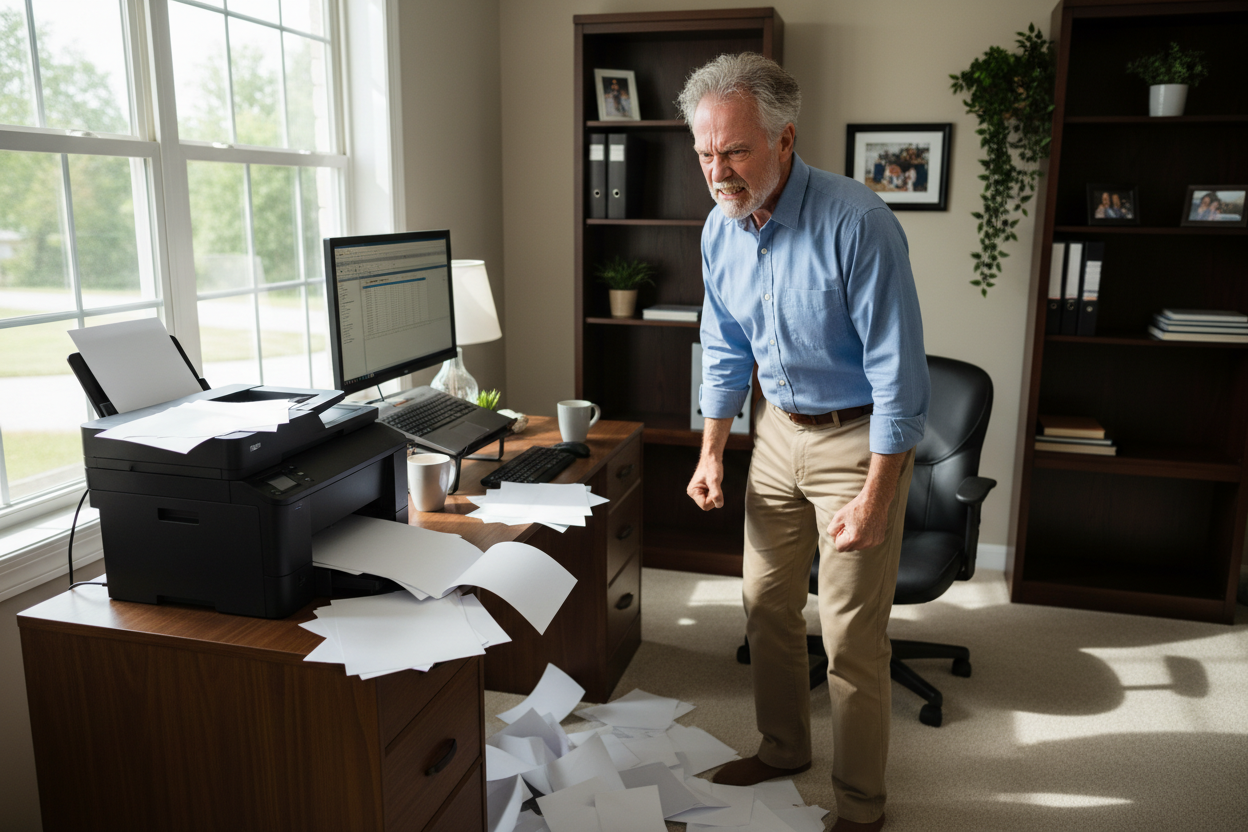 A frustrated person watching a printer output blank pages