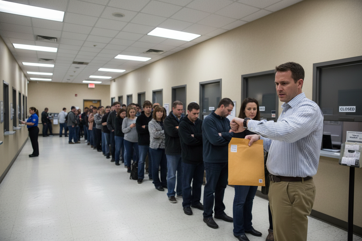 A long line of people waiting at the post office