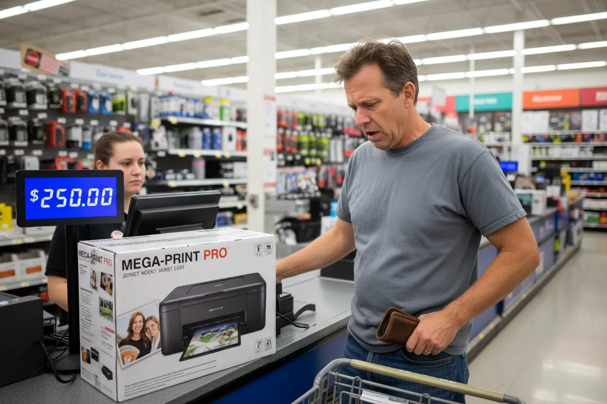 A person paying an unexpectedly high price at a printer counter