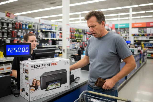 A person paying an unexpectedly high price at a printer counter