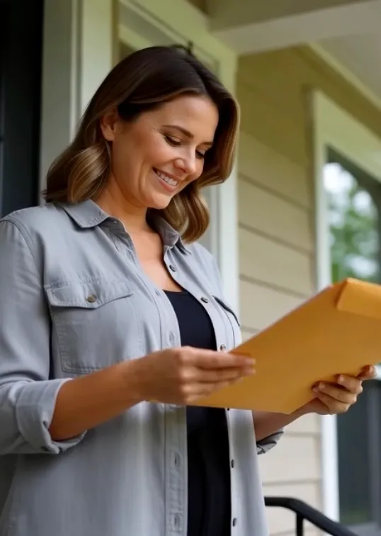 A person examining a printed envelope