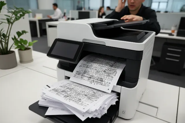 A printer producing garbled output instead of a clean document