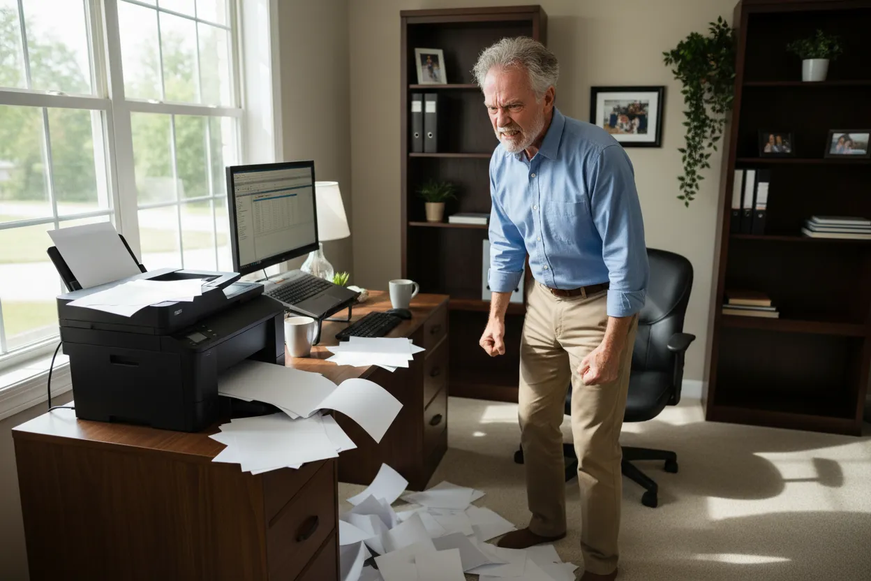 A frustrated person watching a printer output blank pages