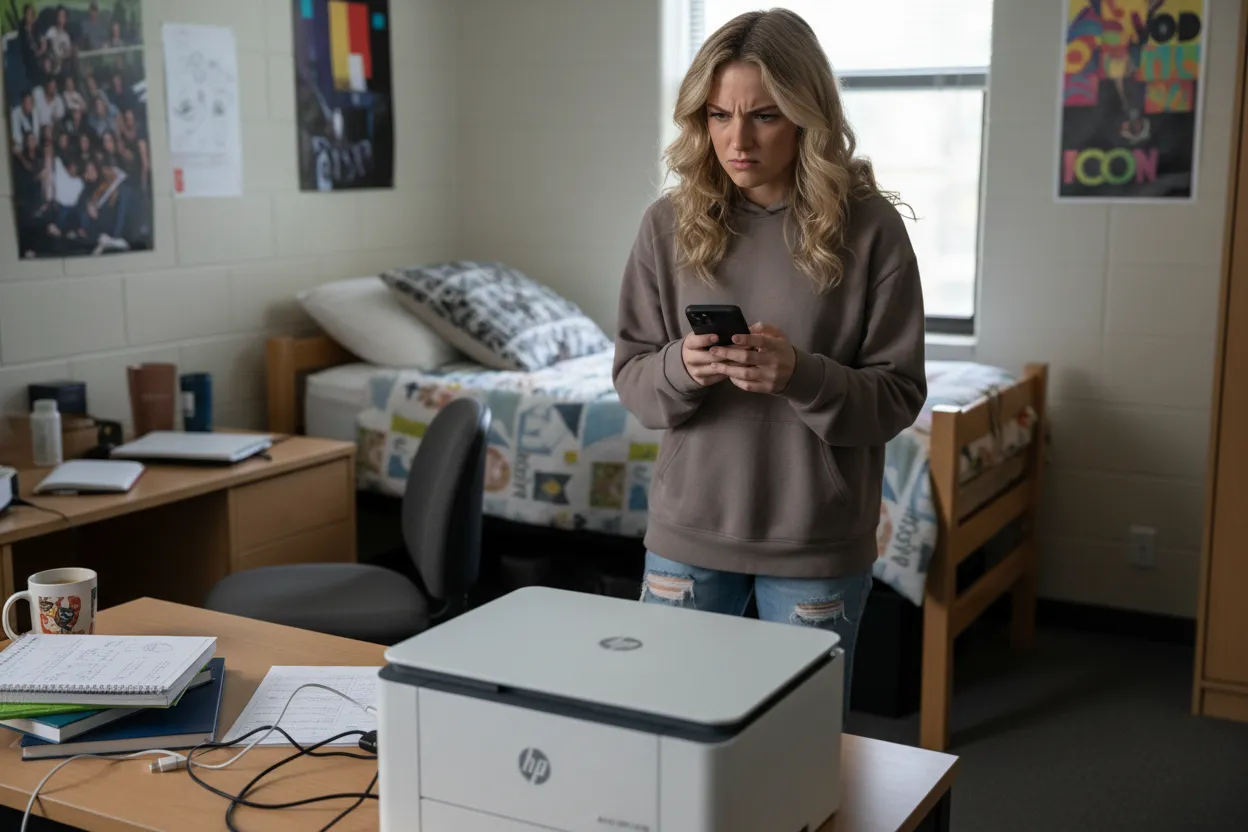 A person trying to print from their phone across the room from a desktop printer