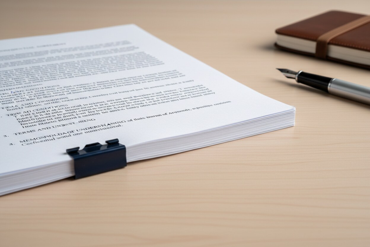 A stack of printed letter-size document pages held with a binder clip on a desk.